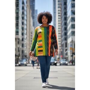 KD Moss Multicolor Patchwork Design Tunic with Butterflies 2XL